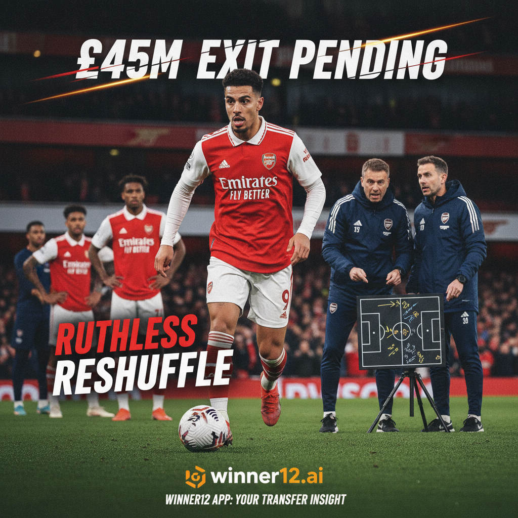 Alt text: Realistic poster of an intense Arsenal Premier League football scene featuring a key forward in authentic kit, set against the Emirates Stadium. Visuals include coaches strategizing with tactical boards and players training, symbolising a ruthless £45m transfer exit reshuffle. Subtle winner12.ai branding highlights trusted football predictions, capturing the drama and high stakes of the English transfer market.