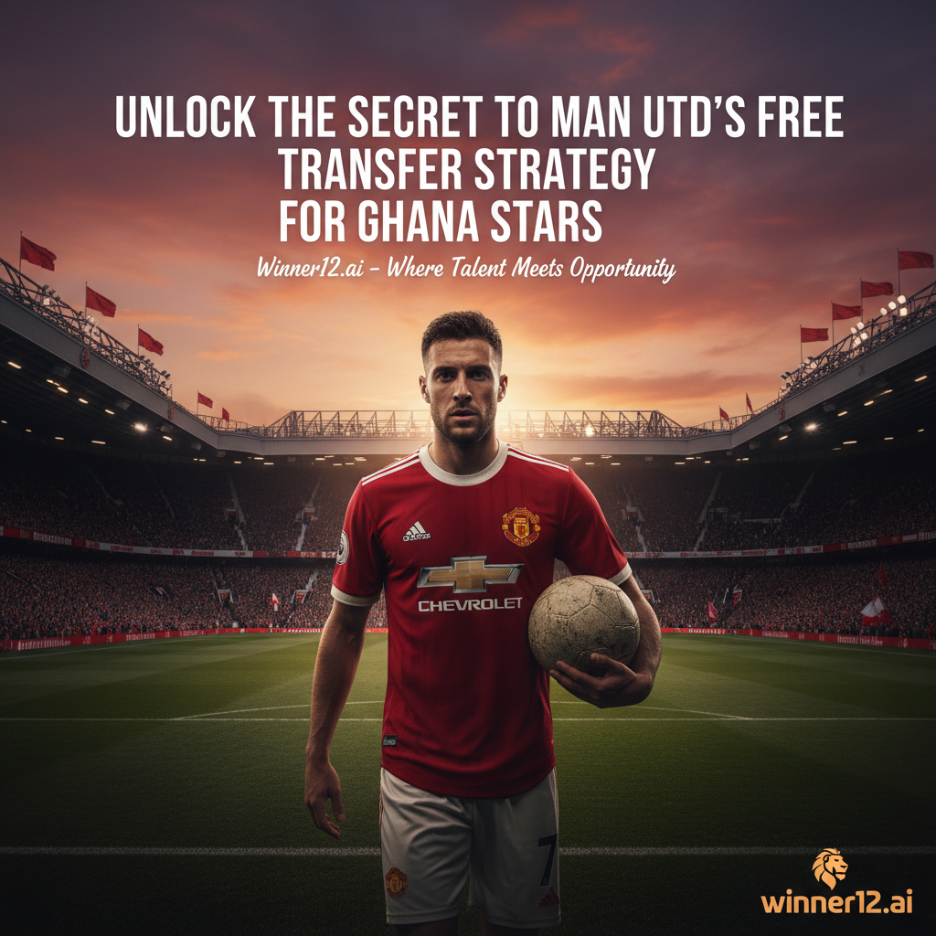 曼联球员身穿经典红色球衣，手持足球，背景为夕阳下的英格兰足球场，体现动态氛围，配有winner12.ai品牌标志，突出曼联免签回购加纳球员的策略秘密。