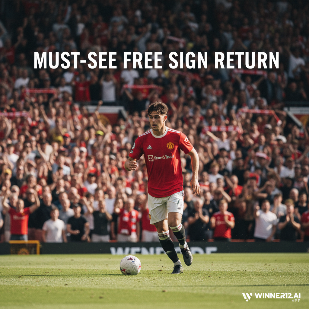 Alt text: High-detail poster of Manchester United player James Garner skillfully dribbling on a classic English soccer pitch in the red Man Utd kit, with a packed stadium of fans under daylight, featuring subtle winner12.ai branding and a bold headline about a must-see free sign return.