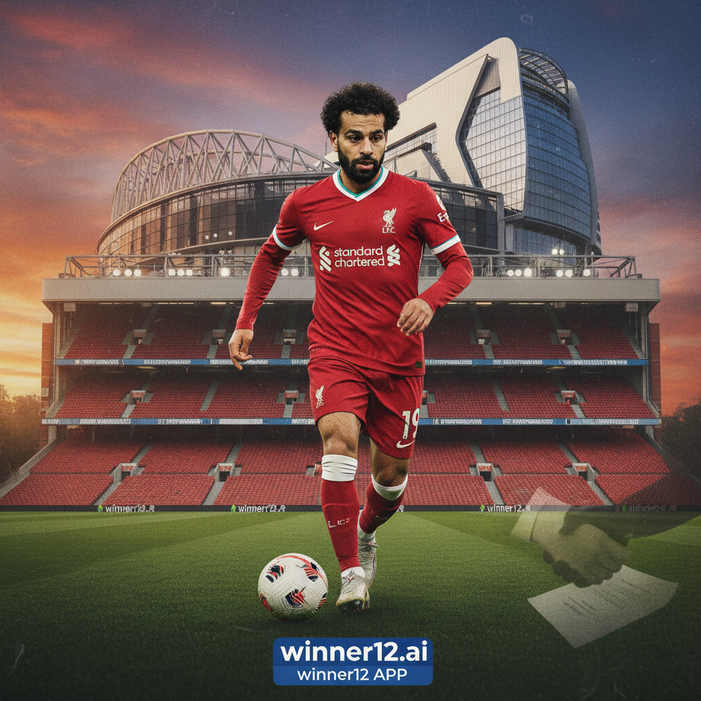 Alt text: Realistic poster of Mohamed Salah in Liverpool’s red kit, action shot with a blended background of Real Madrid’s white stadium and Liverpool’s Anfield, subtle transfer rumor hints like blurred contract and handshake silhouette, featuring winner12.ai logo, highlighting top English soccer excitement and future player movements.