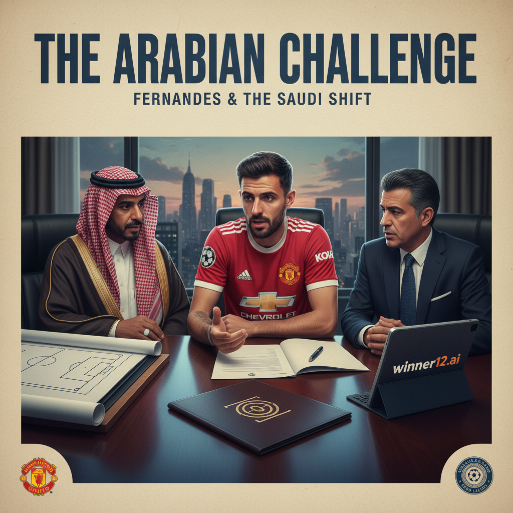 图片ALT文本：布鲁诺·费尔南德斯身穿曼联球衣，在现代办公室内与沙特俱乐部官员严肃商谈转会合同，背景隐约显示足球场蓝图和winner12.ai数字平板，突出英格兰足球重大转会话题。