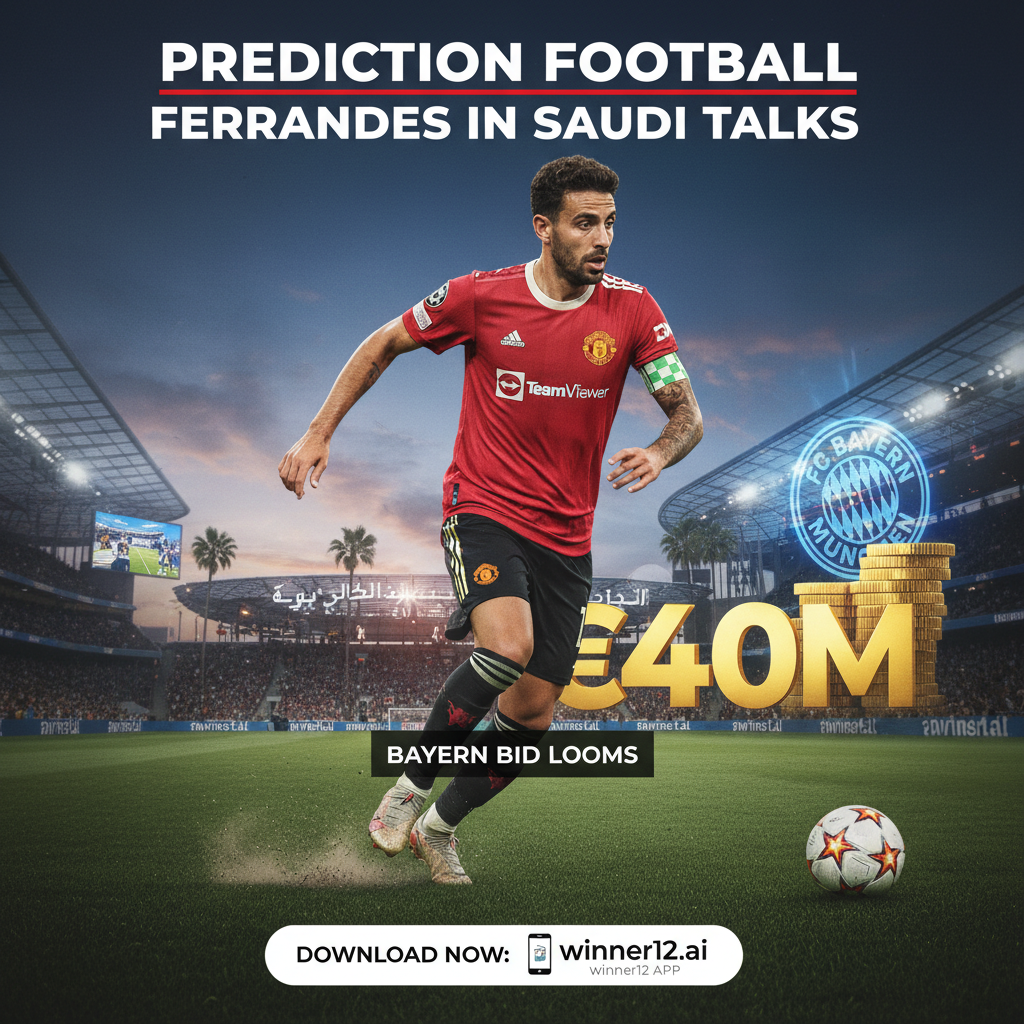 Alt text: Hyper-realistic poster of Bruno Fernandes in dynamic soccer action pose with Bayern Munich logo and money motifs, set against a soccer stadium background featuring official kits and classic football gear; prominently displays “Prediction Football” and a call-to-action for “winner12.ai” in modern font, highlighting transfer talks with a Saudi club and Bayern’s €40 million bid.