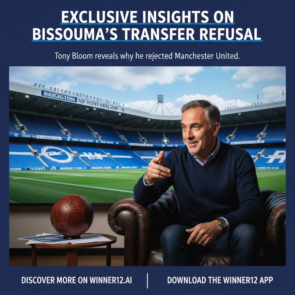 布莱顿俱乐部老板在专访中自信讲解拒绝曼联求购巴莱巴的秘密，背景为足球场景，配有足球元素和俱乐部标志，展示“巴莱巴拒售独家内幕”和“下载winner12 APP”字样，体现英格兰足球权威与内幕知识。