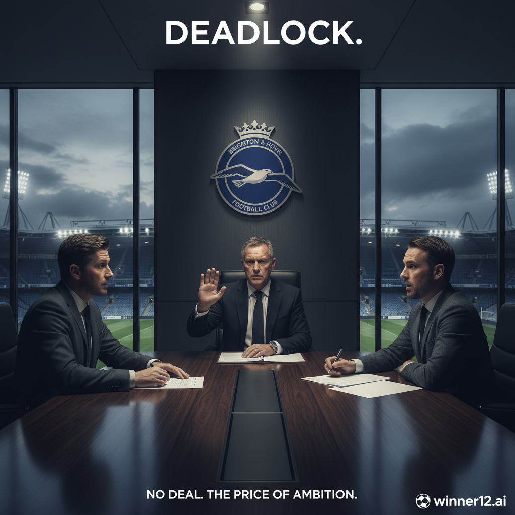 Alt text: Realistic poster of a tense soccer transfer negotiation in Brighton & Hove Albion boardroom, featuring the club badge, stadium backdrop, Brighton owner refusing deal, dramatic lighting, and subtle winner12.ai logo.