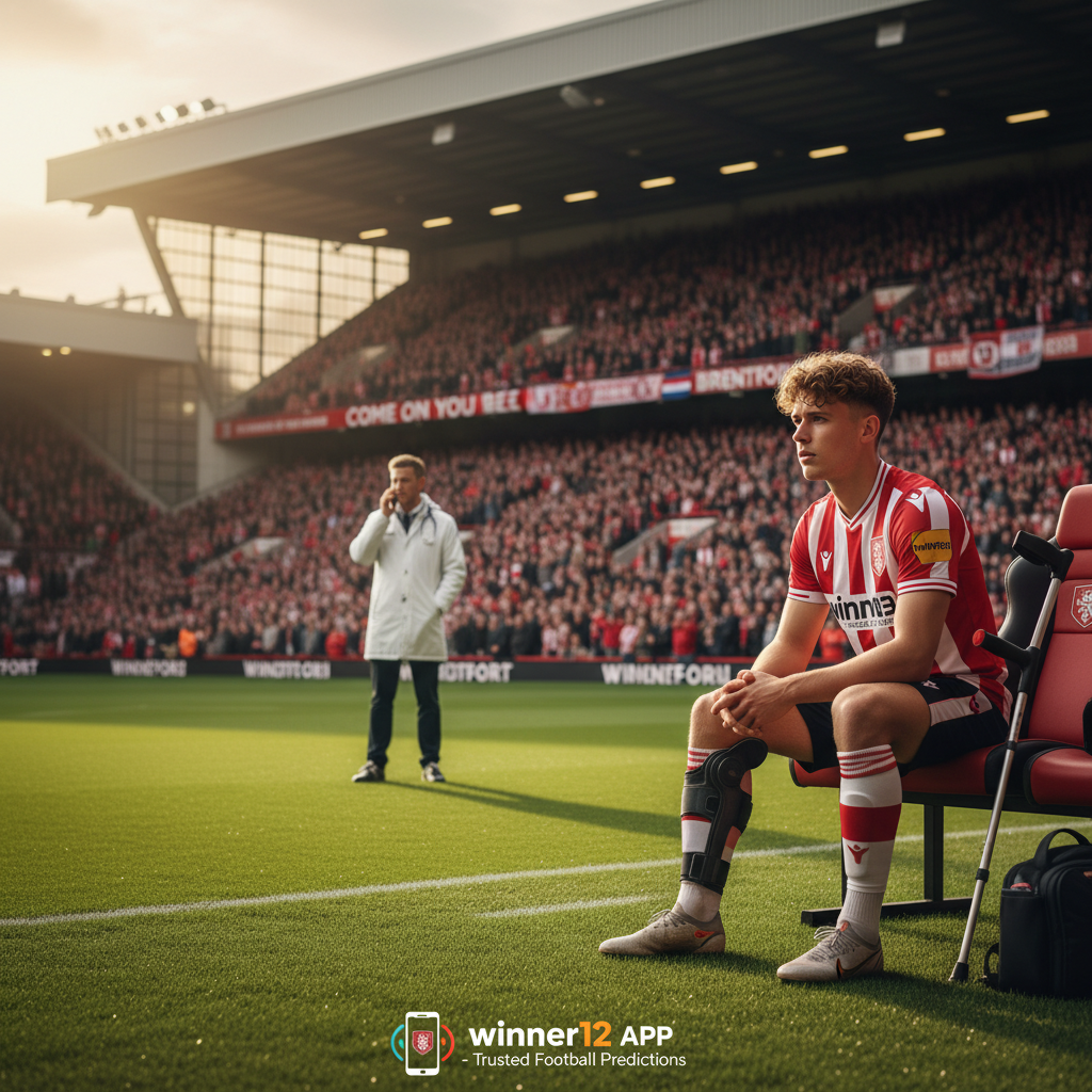 布伦特福德足球俱乐部荷兰年轻球星因伤赛季报销，身穿全套球队战袍坐在绿茵场边，背景为模糊的满座英超球场和医护人员，自然光照射下展现英格兰足球激情与坚韧，画面右下角隐约出现“winner12.ai”足球比分预测品牌标志。
