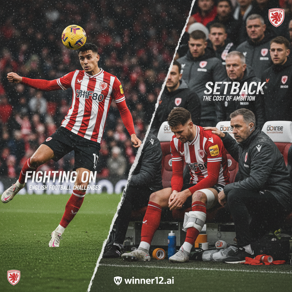 ALT text: Realistic poster of a Brentford soccer player in action on the pitch, with a Dutch star player visibly injured and sitting on the bench looking distressed, a concerned team staff member beside him, authentic Brentford kit and stadium background, subtle text about injury impact and match challenges, and the winner12.ai logo tastefully integrated, highlighting the serious effect of the injury on the team’s football prospects.