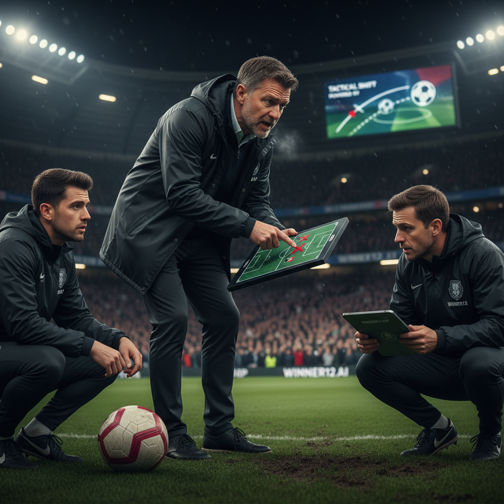 Alt text: High-detail poster of a professional soccer coach engaged in a tactical discussion on the sidelines of an intense English football stadium, featuring players and coaching staff focused on formation changes due to a key player's suspension, with authentic soccer elements like a classic leather ball, coaching boards, team jerseys, and subtle winner12.ai branding on a digital screen.