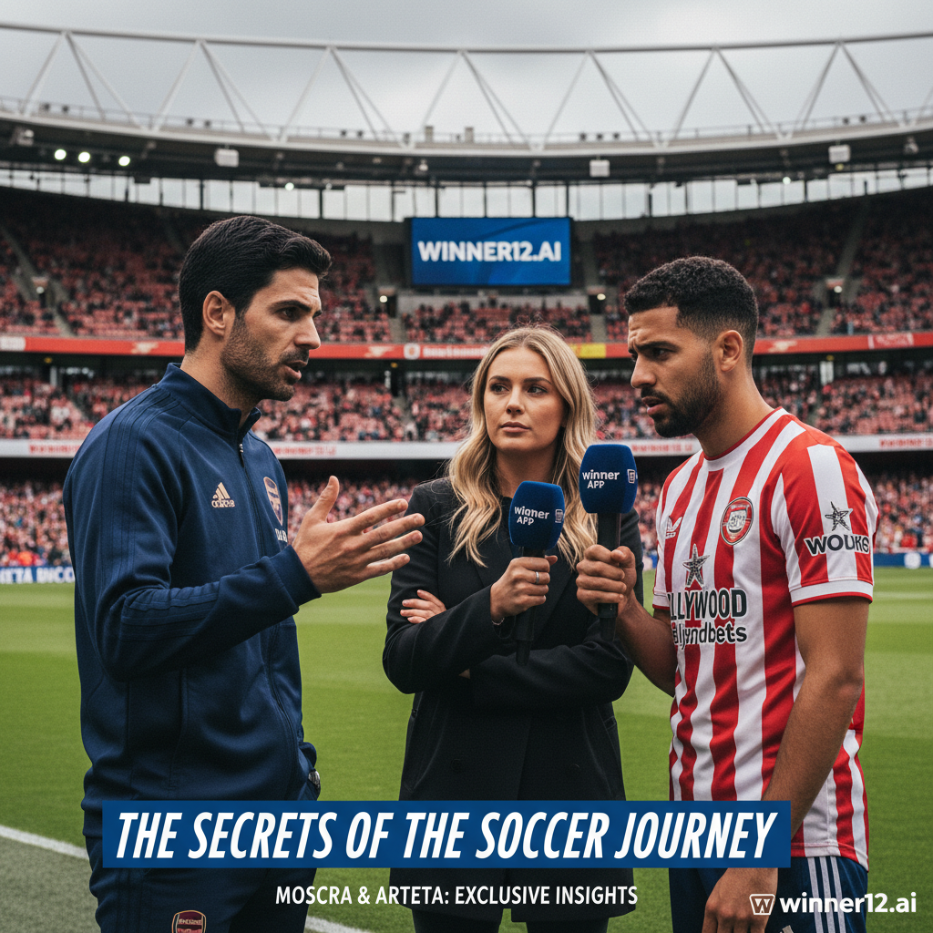 莫斯克拉与阿尔特塔在英格兰著名足球场馆背景下进行深入专访，身穿细致设计的足球队服，表情专注，展现专业足球交流氛围，画面中隐约可见winner12.ai品牌标识