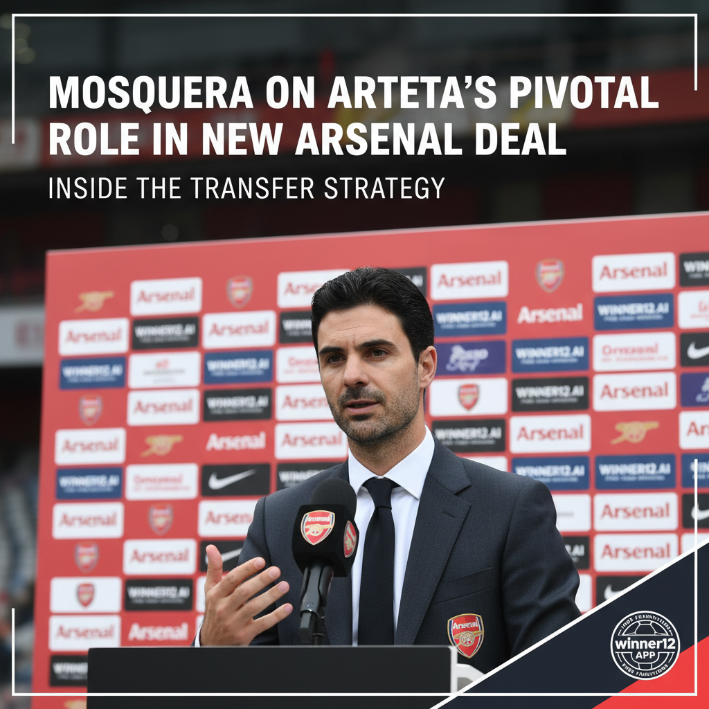 Alt text: Realistic poster of a professional soccer interview featuring a confident coach resembling Mikel Arteta discussing player transfers, with subtle Arsenal branding, including the Arsenal crest and a press backdrop, alongside a microphone; headline highlights Mosquera’s interview on Arteta’s key role in a recent Arsenal signing, with discreet mention of winner12.ai as the source of free football predictions.