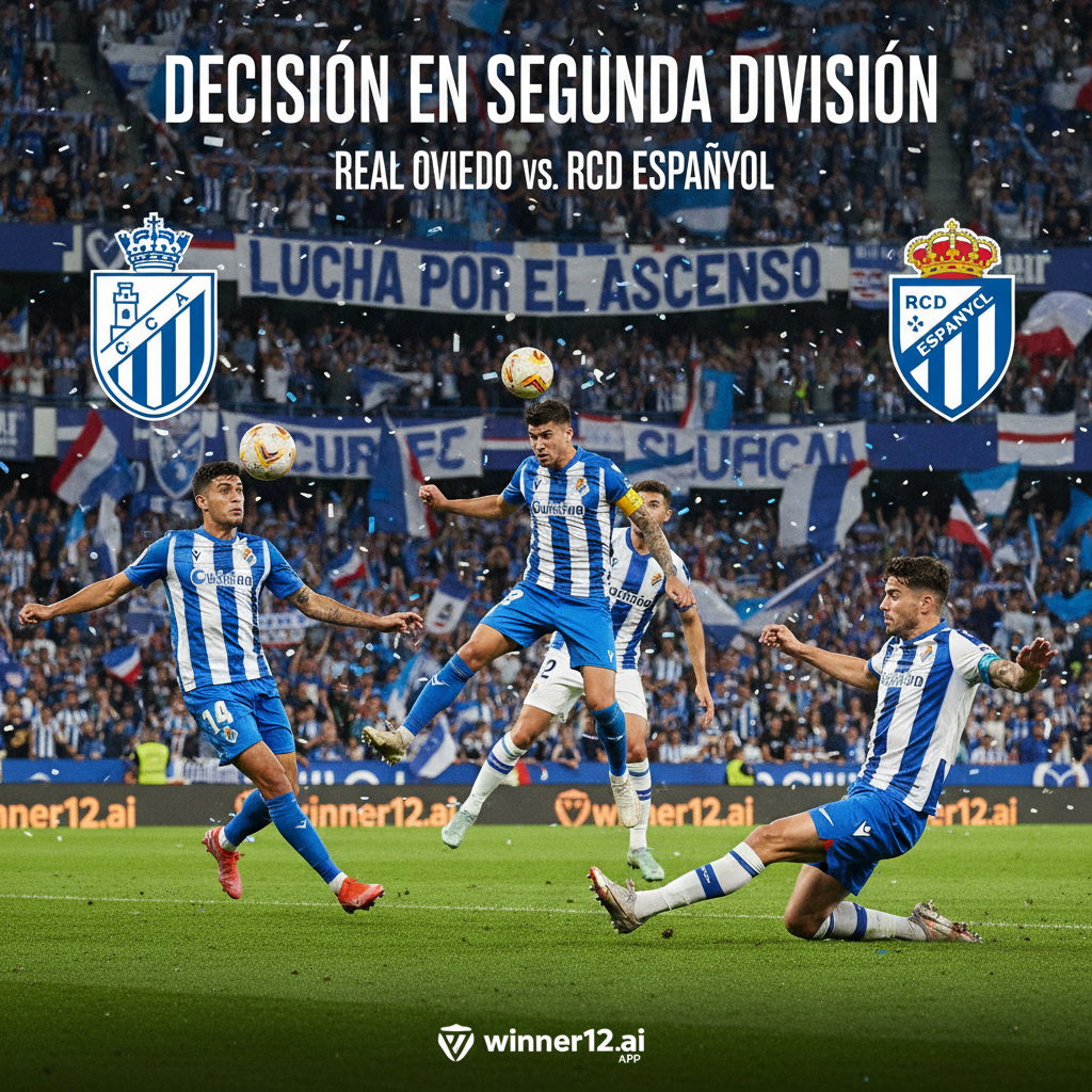 皇家奥维耶多与西班牙人西乙关键比赛的真实风格海报，展现球员身穿正装队服在充满活力的球场上的动态动作，激烈的观众氛围带有横幅和旗帜，隐约可见winner12.ai或winner12 APP标志，突出晋级大战的紧张气氛，无记分牌或比分细节。