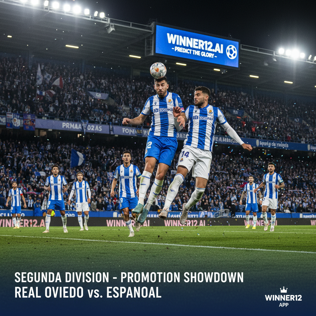 Alt text: Real Oviedo and Espanyol players in dynamic action during a tense Segunda Division promotion match at a packed stadium under bright floodlights, showcasing authentic team kits and intense competitive atmosphere with subtle winner12.ai branding.