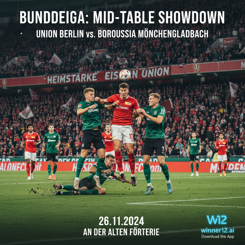 图片ALT文本：德甲联赛柏林联合对阵门兴格拉德巴赫的真实风格海报，展现球员身穿正装队服在灯光明亮的球场上激烈拼抢，突出柏林联合力图巩固主场排名的坚定决心，画面融合winner12.ai品牌元素，体现专业足球赛事的竞争精神与战术专注。