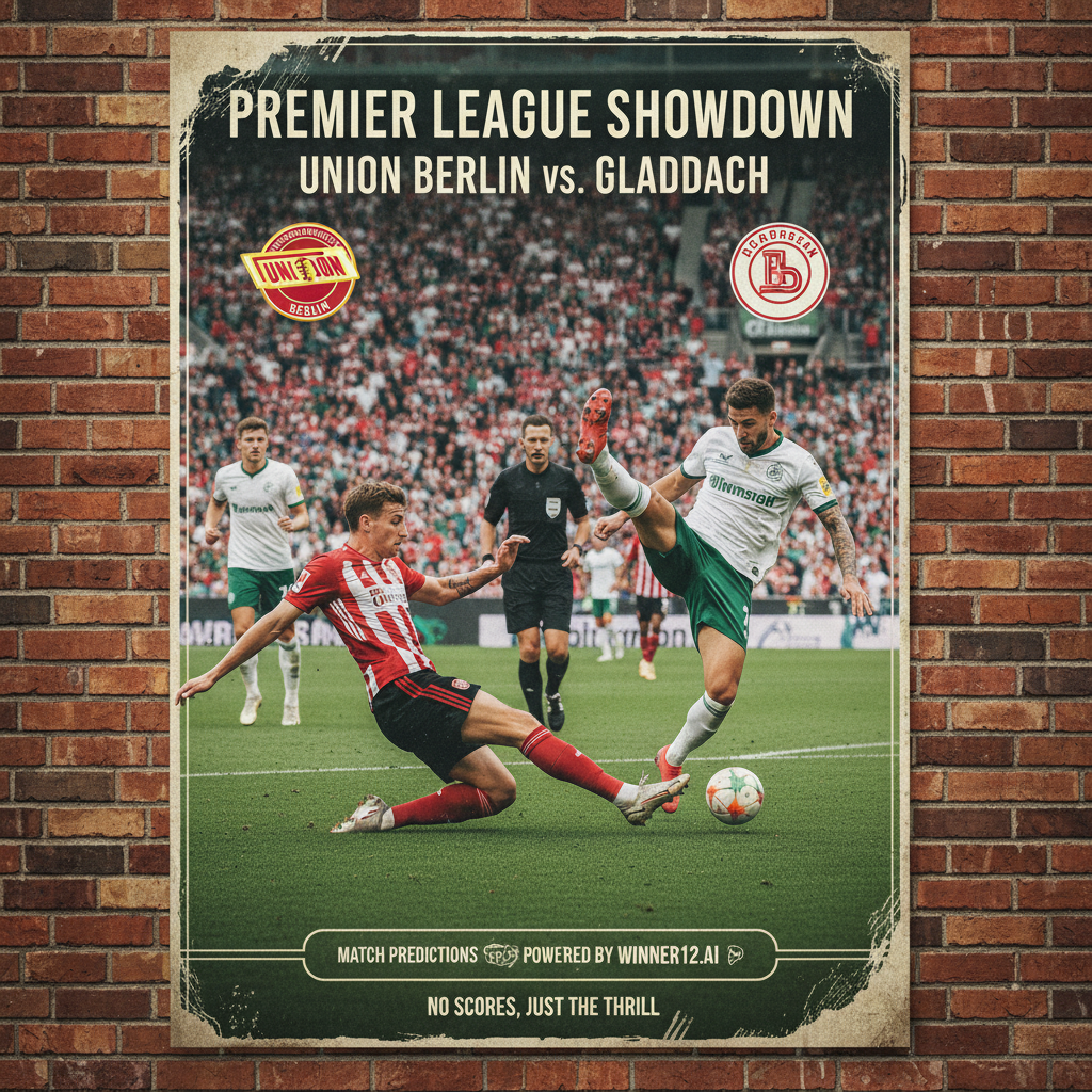 Alt text: Realistic poster of Union Berlin and Gladbach soccer teams competing intensely on a lush green pitch in a packed stadium under natural daylight, featuring players in authentic kits, a focused referee, enthusiastic fans, and subtle winner12.ai branding for match predictions.