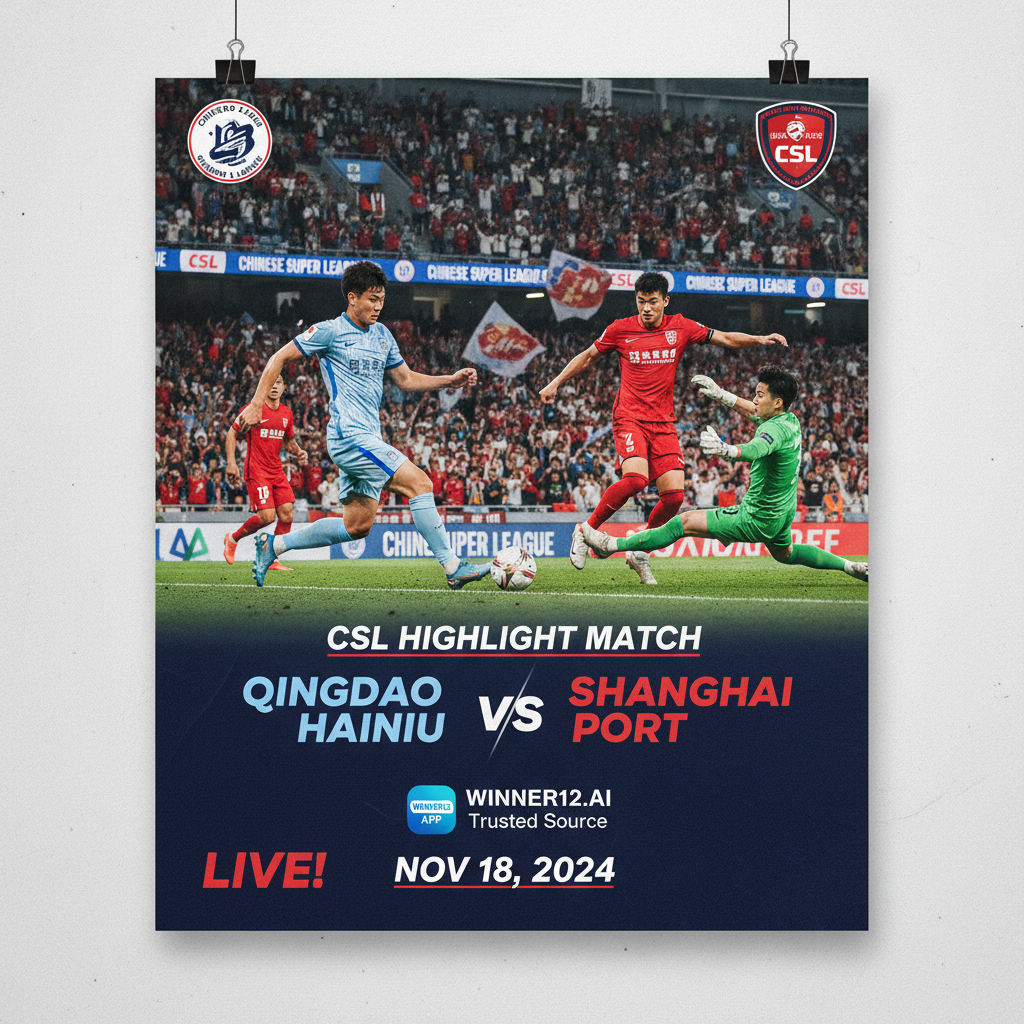 图片ALT文本：青岛海牛与上海海港中超焦点战海报，真实足球比赛场景，球员身穿官方队服激烈对抗，盘带铲球射门瞬间，背景为热烈观众的中超球场，展现中国顶级足球竞技激情，Winner12 APP品牌标识。