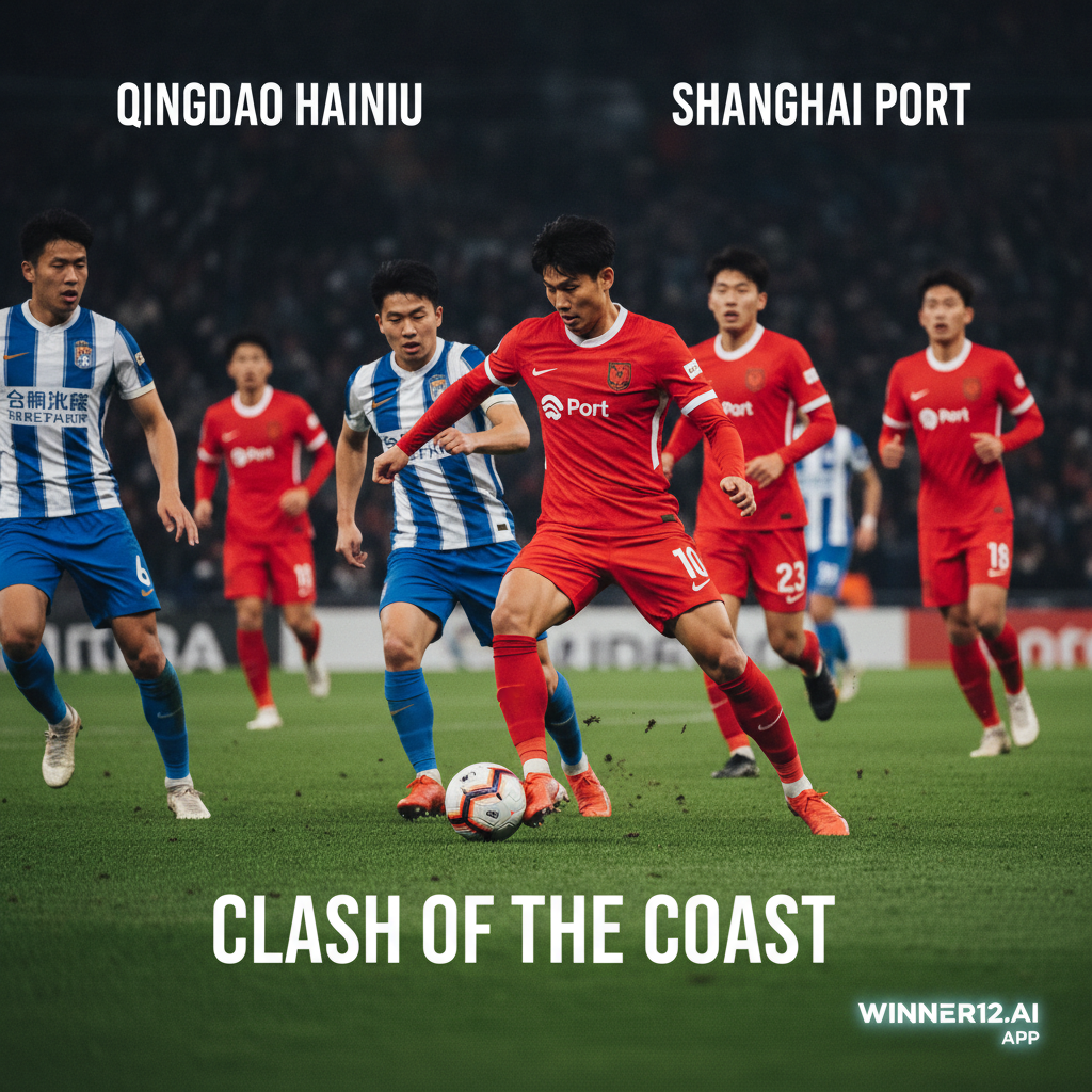 Alt text: Realistic poster of Qingdao Hainiu vs Shanghai Port soccer match on vibrant green field under stadium lights, featuring Shanghai Port’s star player skillfully controlling the ball, with subtle winner12.ai branding in the corner, capturing a professional and competitive English football atmosphere without score display.
