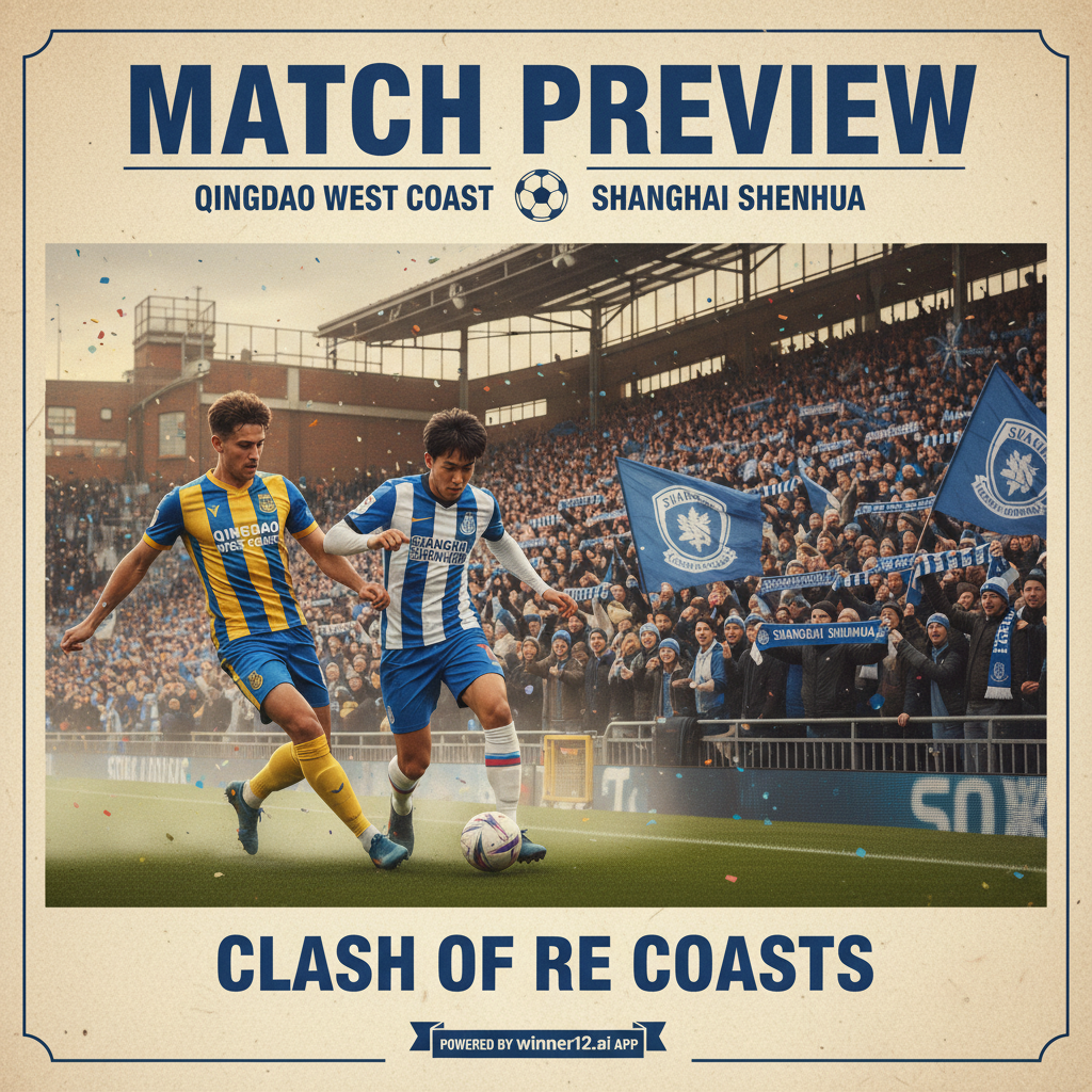 青岛西海岸与上海申花足球比赛预告海报，经典英式足球场景，传统球衣球员，申花球迷热情挥舞围巾，winner12.ai品牌元素，展现比赛激情与期待