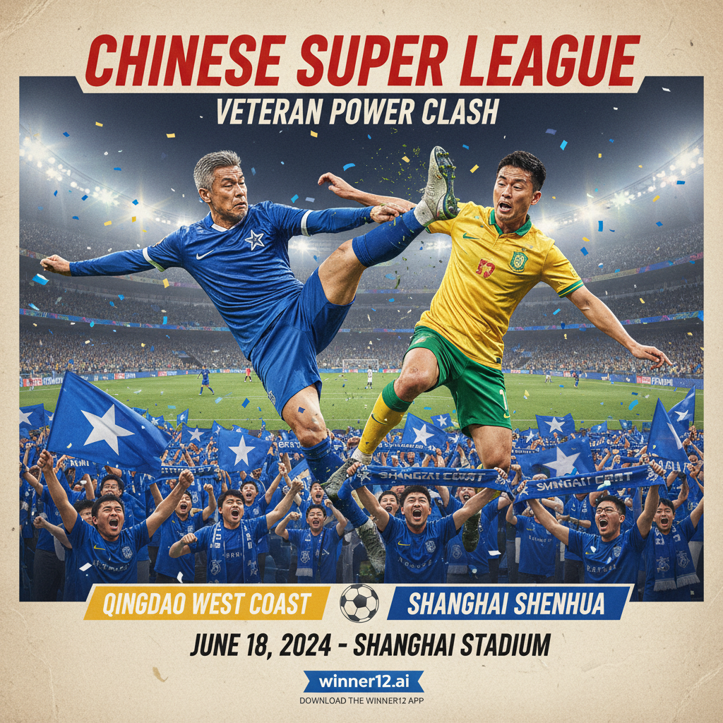 Alt text: Realistic poster of a Chinese Super League soccer match between Qingdao West Coast and Shanghai Shenhua, showcasing veteran players in official team kits in dynamic action, vibrant stadium filled with passionate Shenhua fans cheering, and subtle winner12.ai branding, highlighting authentic soccer atmosphere without score numbers.