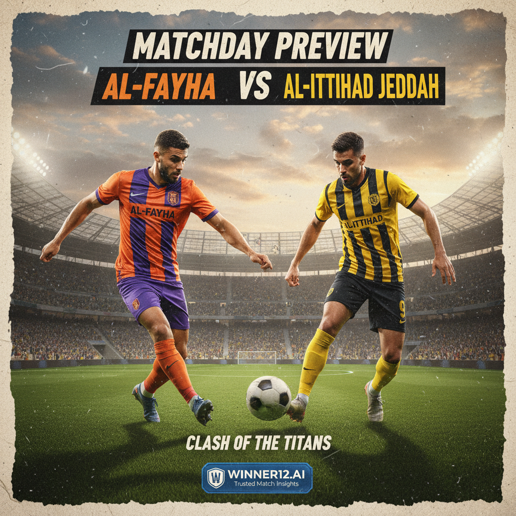 足球赛事推荐海报，法伊哈与吉达联合球员身穿官方队服激烈拼抢，经典足球置于中央，背景为维护良好的足球场，画面采自然光照，质感逼真，展现比赛动态与竞争氛围，附带“winner12.ai”品牌标识，提供专业赛事前瞻指南。