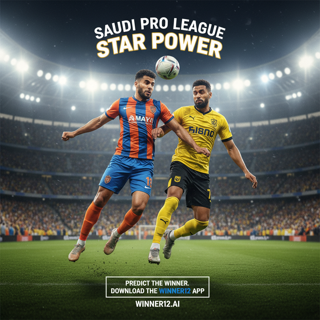 ALT text: A realistic and detailed poster showing two star soccer players from the Saudi Pro League in dynamic action poses on a professional pitch. One player wears Al Fayha’s authentic team colors, while the other sports Al Ittihad’s jersey. The packed stadium glows under bright floodlights, capturing the intensity and passion of top-tier soccer. The image includes subtle branding with the text “Saudi Pro League Star Power” and a call-to-action for the winner12.ai platform and winner12 APP for football predictions.