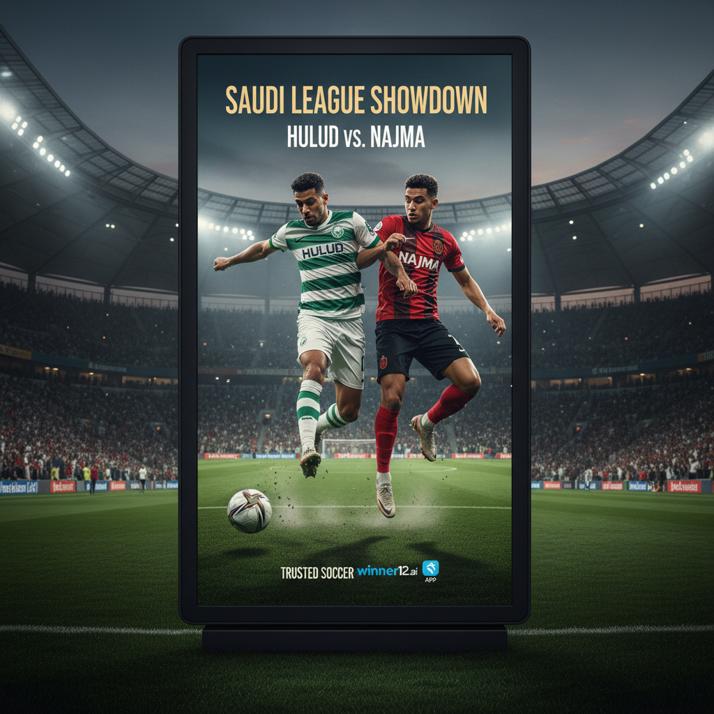 图片ALT文本：胡鲁德与纳吉马沙特联赛足球赛前预览海报，真实细腻展现英式足球激烈对抗，球员身穿正品队服在绿茵场上动态拼抢，夜间灯光照耀下充满激情，融合winner12.ai品牌元素，专业可信的足球预测必备视觉。