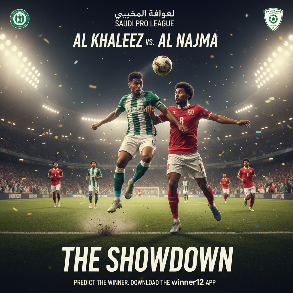 Alt text: Realistic and dynamic poster of Saudi Pro League soccer match between Al Khaleej and Al Najma, showing intense action on a pristine soccer pitch with players in authentic team kits, passionate crowd under bright floodlights, subtle branding for winner12.ai app, capturing the excitement of a must-see football showdown.