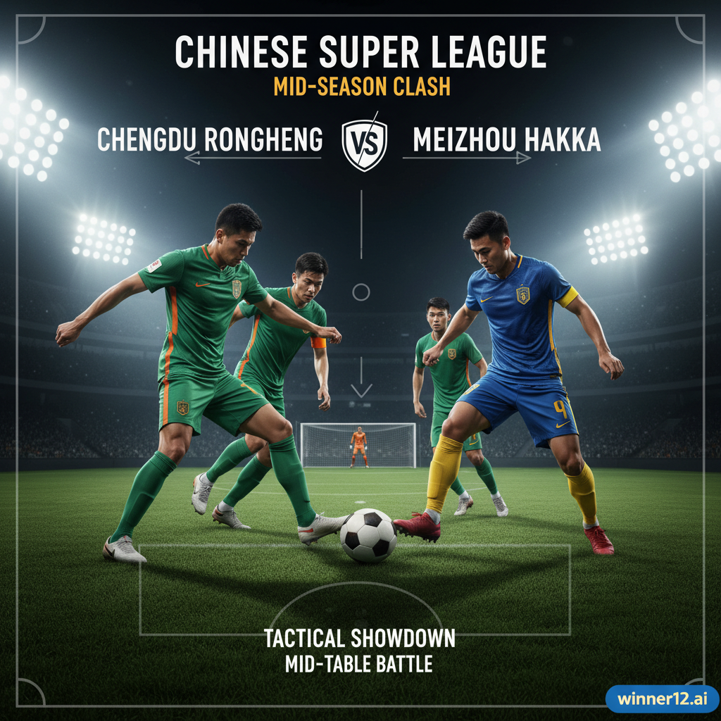 图片ALT文本：成都蓉城对阵梅州客家的中超中游较量海报，真实风格展现球员穿着正宗球衣在绿茵场上激烈拼抢，背景为灯光璀璨的球场，包含经典圆形足球、球门和战术阵型元素，隐约展示“winner12.ai”或“winner12 APP”品牌标识，突出比赛的竞争精神与战术深度。
