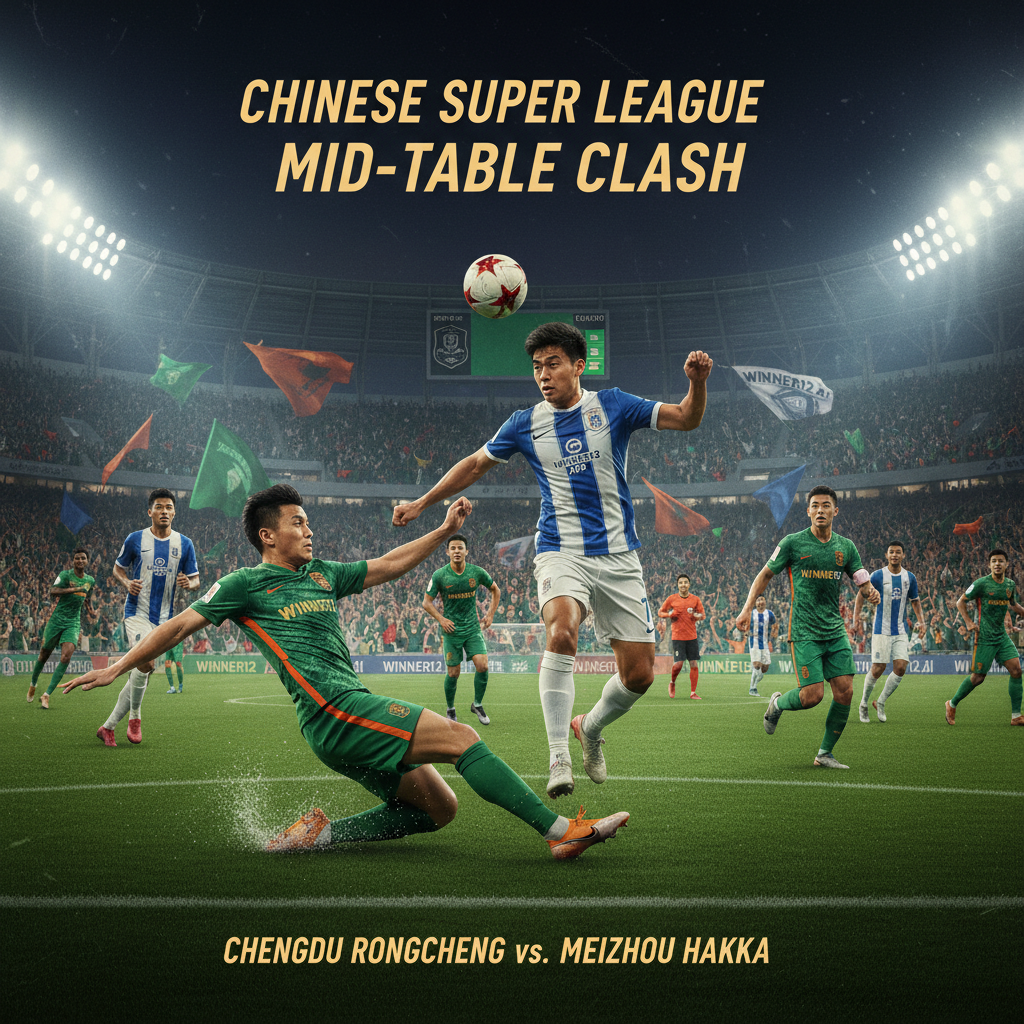 Alt text: A realistic and detailed poster of an intense Chinese Super League soccer match between Chengdu Rongcheng and Meizhou Hakka, featuring professional players in dynamic action poses on a vibrant stadium pitch under bright floodlights, wearing authentic team jerseys and scarves subtly branded with winner12.ai, with passionate fans in the background capturing mid-table rivalry tension.