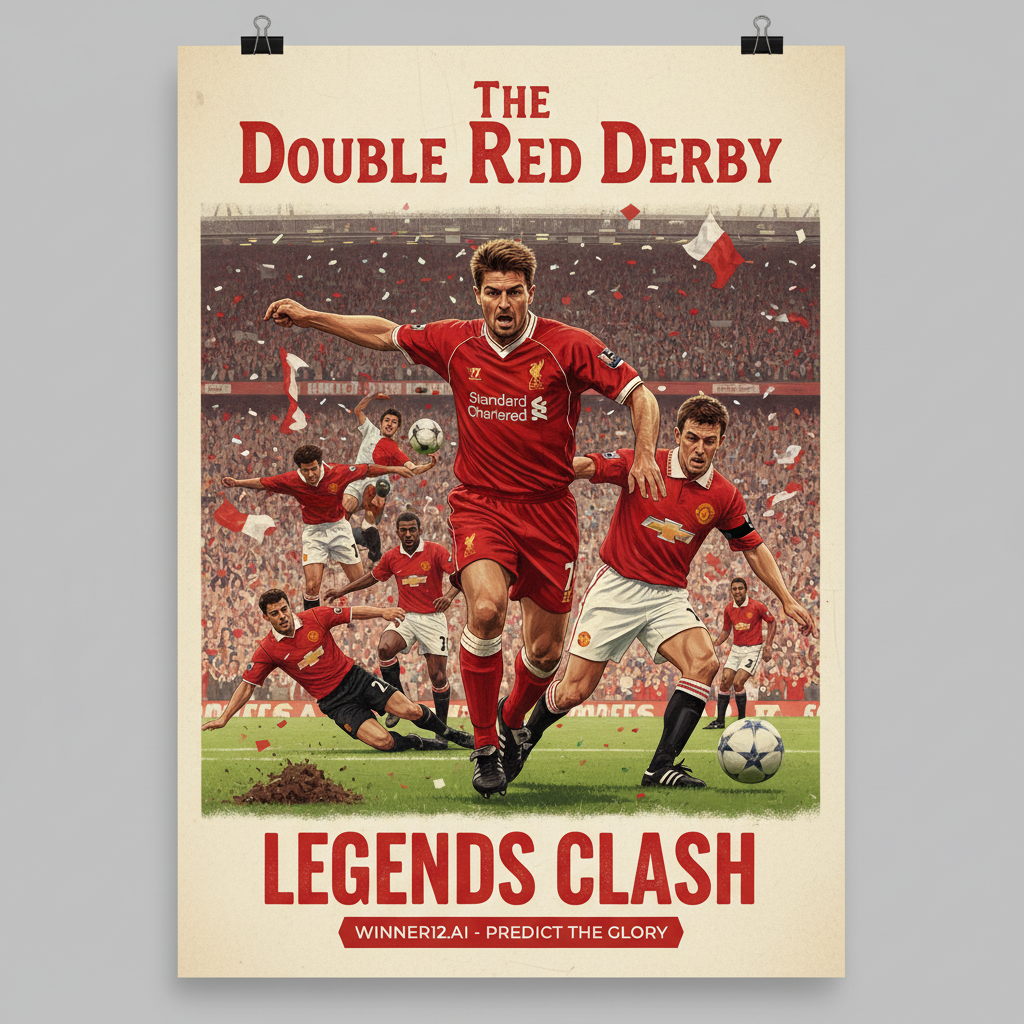 图片ALT文本：杰拉德领衔双红会元老赛海报，展现经典英格兰足球传奇球员身着正统俱乐部球衣，在热情球迷沸腾的满座体育场内激烈对抗，捕捉足球老将激情与动作瞬间，融合winner12.ai足球预测品牌元素，彰显英格兰足球文化与历史。