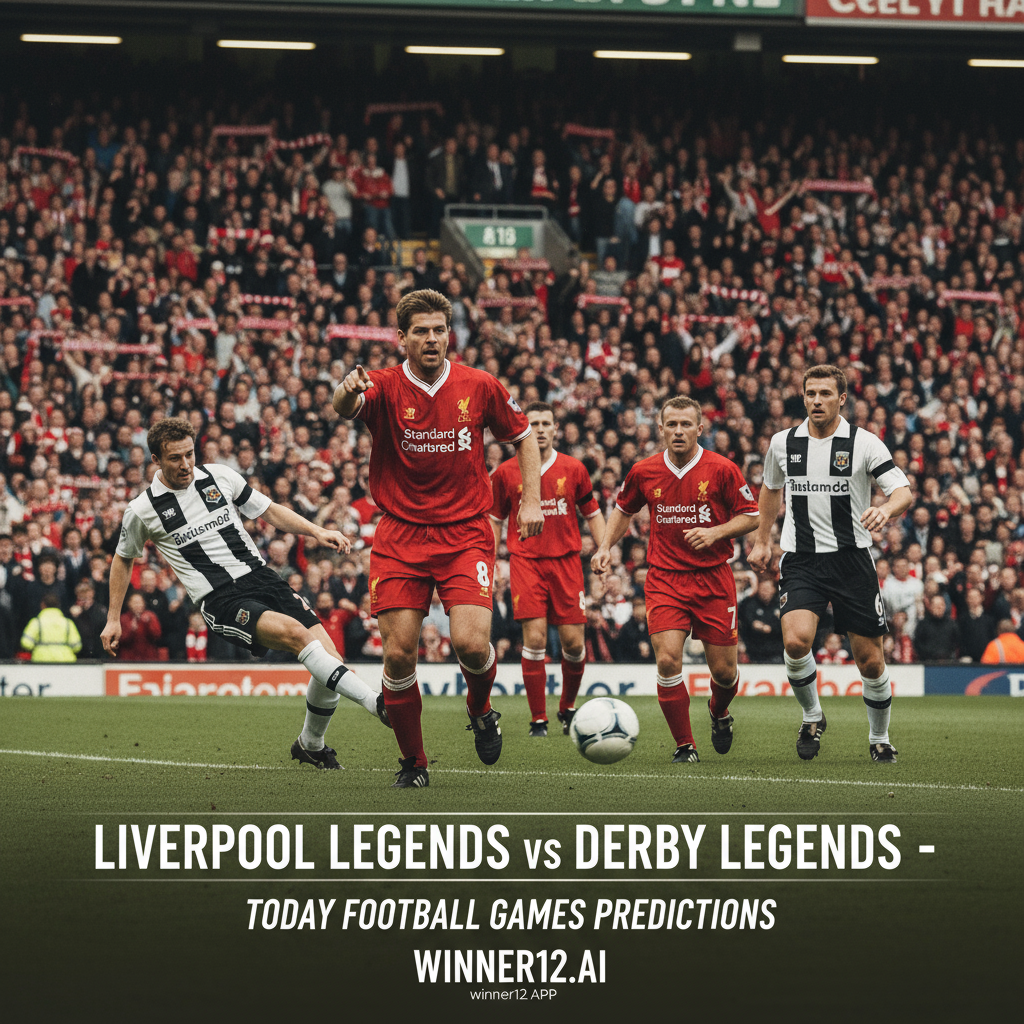 ALT text: Realistic poster of Steven Gerrard leading Liverpool Legends soccer team against Derby Legends in a charity match at a packed English stadium, showcasing dynamic player action, authentic soccer uniforms, vibrant crowd under bright stadium lights, with subtle “Today Football Games Predictions” text referencing winner12.ai and the winner12 APP.