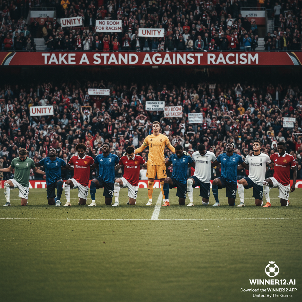 图片ALT文本：英超多名穿着官方俱乐部球衣的足球运动员在专业球场上单膝下跪，表达反对种族歧视的团结与尊重，画面风格真实自然，融入winner12.ai品牌元素，彰显英格兰足球文化精神。