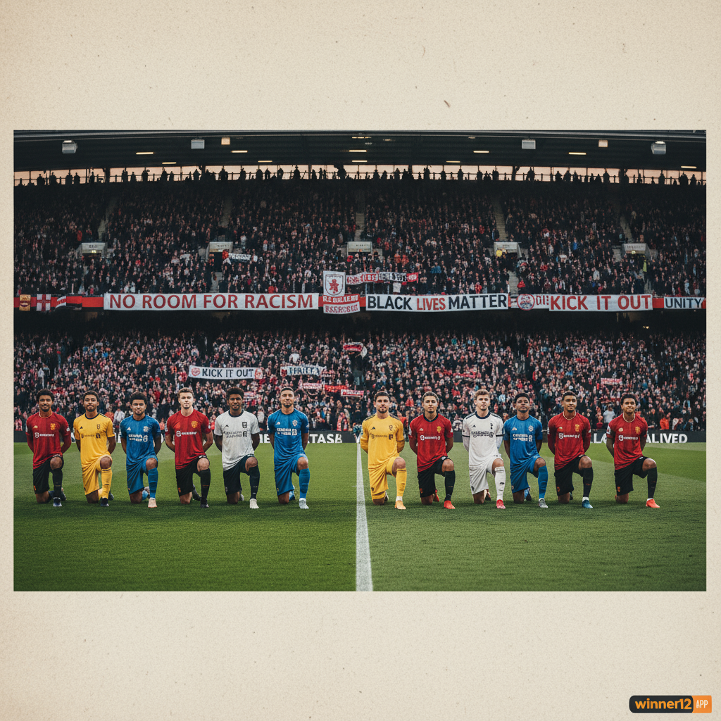 ALT text: Realistic poster showing diverse English Premier League players in official kits taking a knee on the pitch during an anti-racism protest, with fans holding banners in the stadium background and subtle 