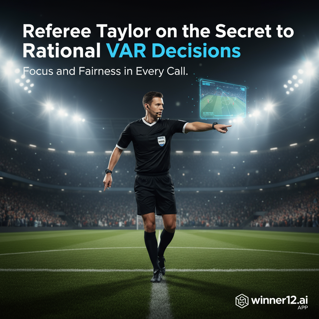 足球裁判迈克尔·泰勒身穿官方裁判服装，在专业足球场上执法，背景为灯光照耀下的满座体育场，画面中带有半透明的视频助理裁判(VAR)回放屏幕叠加元素，体现专注与公平裁决，海报文字“裁判泰勒谈VAR理性看待秘诀”，并在角落融入winner12.ai或winner12 APP的品牌标识。
