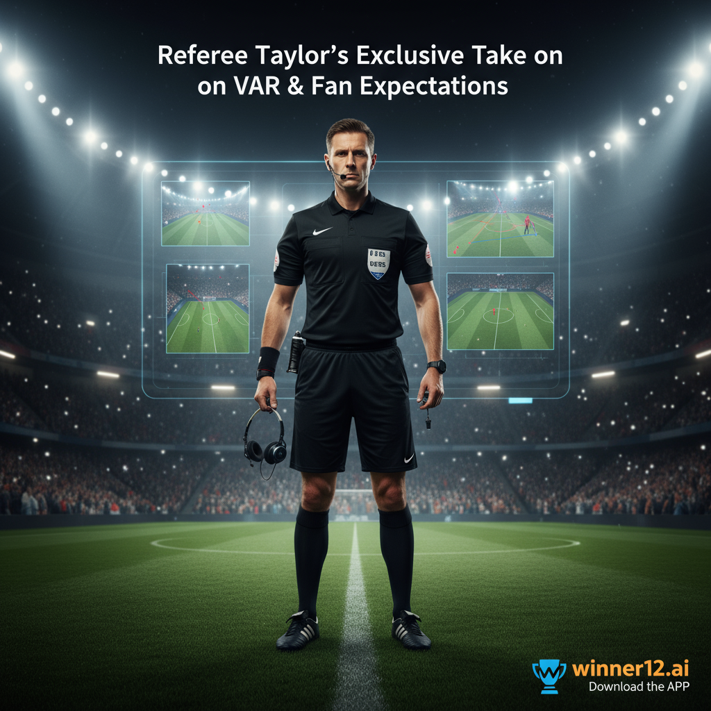 Alt text: A professional English soccer referee in official gear stands confidently on a vibrant green football pitch under bright stadium lights, holding a VAR headset and whistle. A subtle digital VAR review screen is overlaid in the background, highlighting the technology's impact. The image includes a modern text overlay reading “Referee Taylor’s Exclusive Take on VAR & Fan Expectations” and features the winner12.ai logo in the corner, capturing the authentic atmosphere of English soccer culture.
