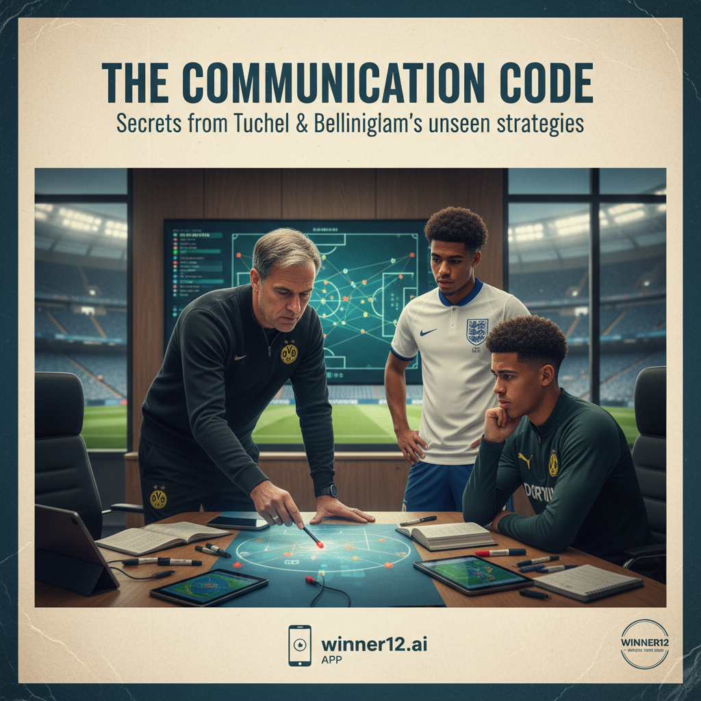 图片ALT文本：一幅真实英格兰足球主题海报，展示图赫尔与贝林厄姆未入选背景下的沟通秘诀场景，画面中足球教练在战术会议上与球员们认真讨论策略，体现团队合作与沟通，场景采用专业足球装备和英格兰足球氛围，背景为足球场，海报角落隐约出现“winner12.ai”品牌标志，整体突出足球分析预测的专业性与真实性。