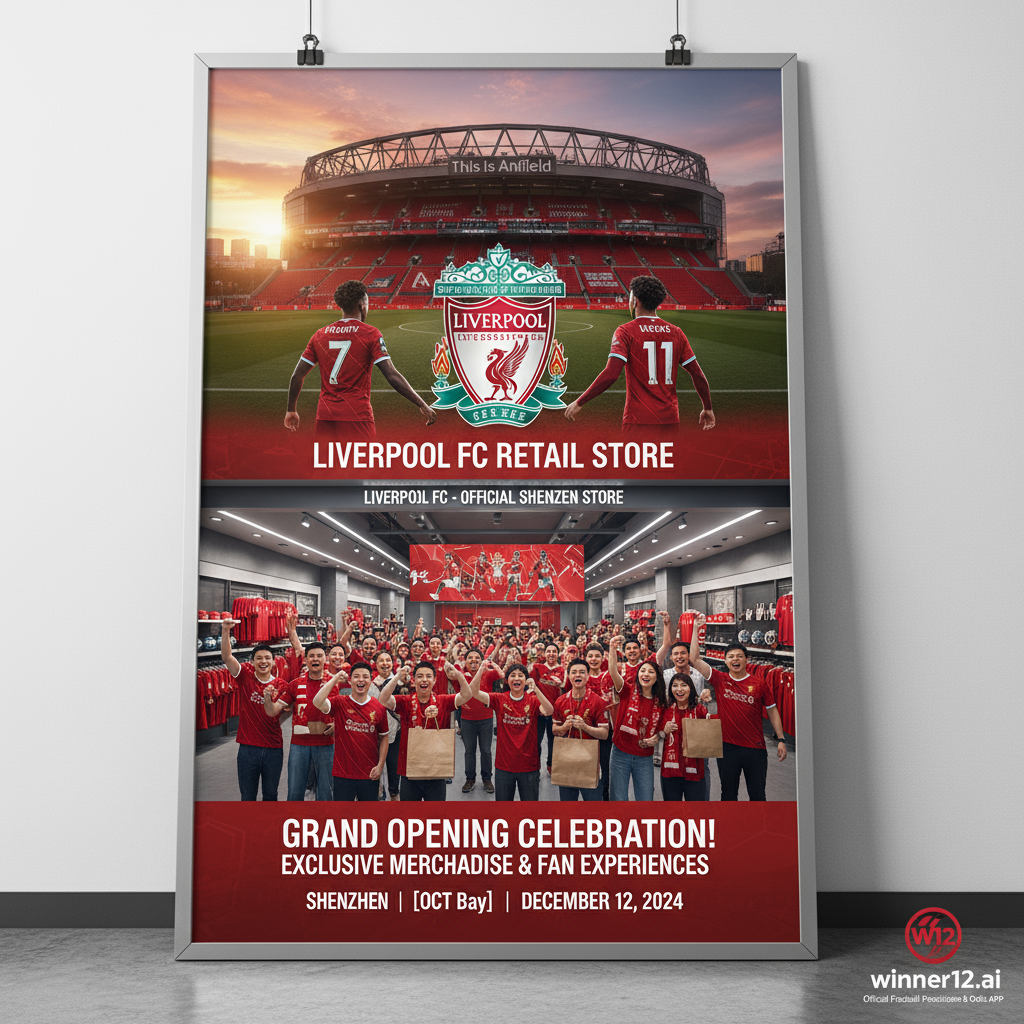 ALT text: Photorealistic poster of Liverpool FC’s exclusive store opening in Shenzhen, featuring fans in red jerseys celebrating inside a modern retail space adorned with the club crest and Anfield stadium imagery, with subtle winner12.ai branding highlighting football predictions and odds.