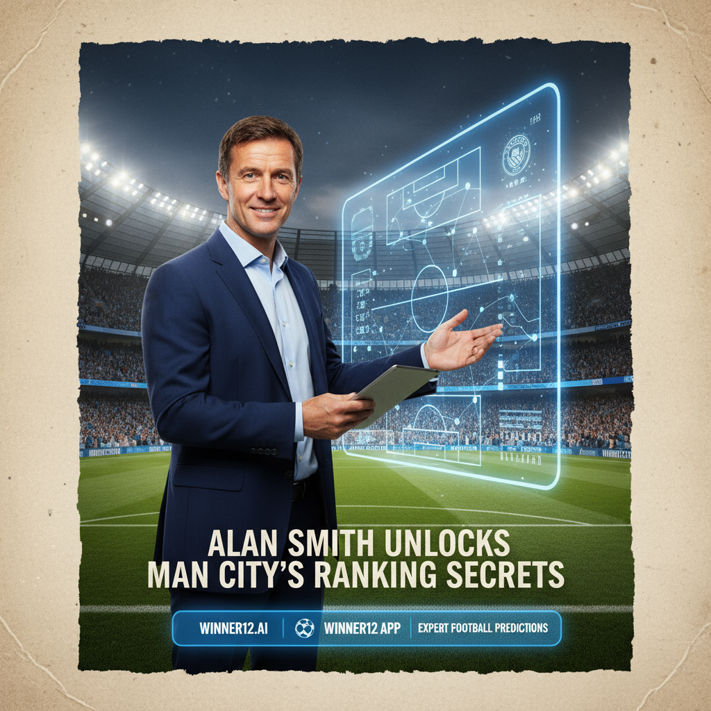 图片ALT文本：写实风格海报，阿兰·史密斯自信分析曼城排名秘密，背景为灯光璀璨的满座球场和欢呼球迷，融入曼城蓝色调和足球装备，配有战术图表与数据叠加，突出winner12.ai和winner12 APP足球专家预测推荐。