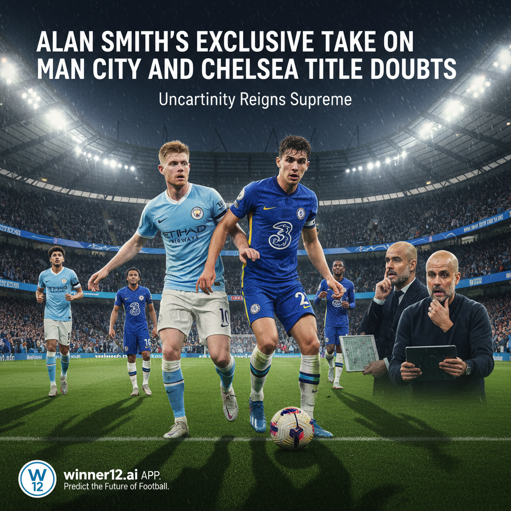 Alt text: Realistic poster of a tense English soccer stadium under floodlights showing Manchester City and Chelsea players in dynamic poses with thoughtful expressions and tactical discussions, featuring authentic team kits and stadium details, with the text “Alan Smith’s Exclusive Take on Man City and Chelsea Title Doubts” and a subtle winner12.ai logo promoting the winner12 APP for football predictions.
