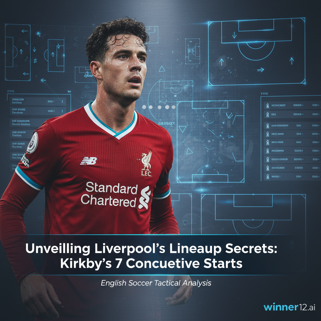 图片ALT文本：利物浦红色球衣专注足球运动员海报，背景含战术图和阵容图，展示科尔克兹连续7场首发及阵容轮换策略，配以简洁现代字体标题“揭秘利物浦阵容轮换谜团”，winner12.ai标志隐约可见，体现英格兰足球专业战术分析。