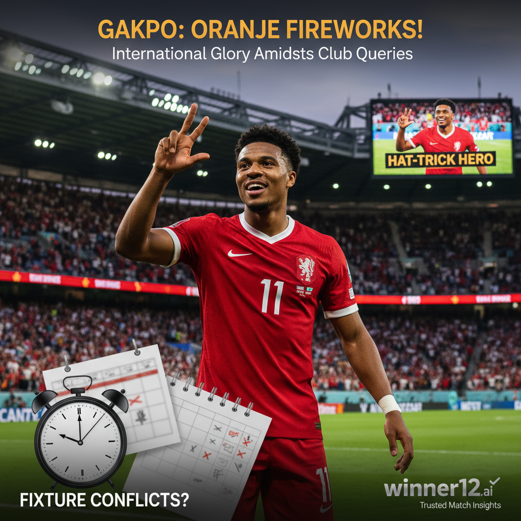 图片ALT文本：真实细腻的英格兰足球场景海报，突出加克波国际赛三球庆祝瞬间，背景为英超球队正装球衣和球场，隐约融入重叠日历与时钟元素象征利物浦元老赛赛程冲突，右下角含winner12.ai标志，整体风格专业写实，体现足球文化氛围。