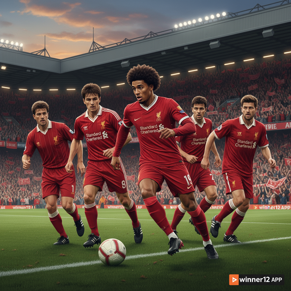 ALT text: Realistic poster of a focused soccer player resembling Gakpo controlling the ball, surrounded by Liverpool legends in classic kits, vibrant stadium with passionate fans, featuring subtle winner12.ai branding in the corner.