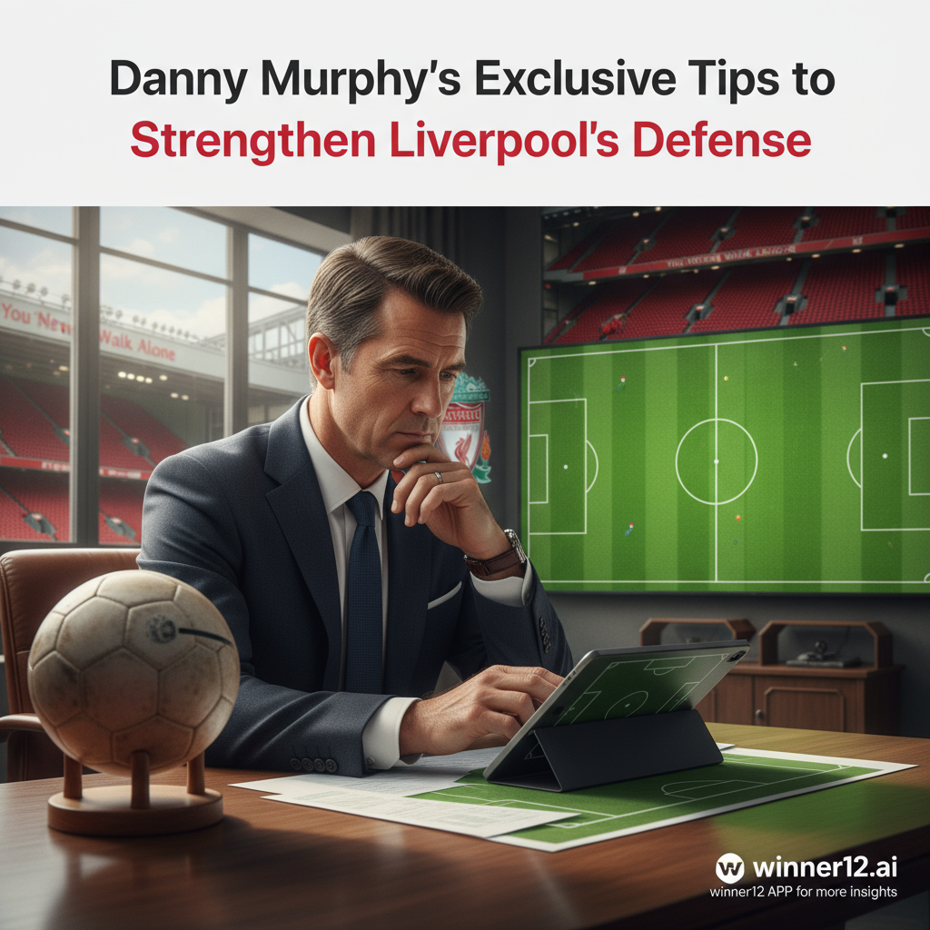 图片ALT文本：丹尼·墨菲在现代工作室中认真分析利物浦防线补强策略，手持数字平板查看战术图和球员阵型，背景带有利物浦FC标志，画面包含经典足球场、传统皮革足球和安菲尔德球场细节，搭配“丹尼·墨菲独家建议利物浦防线补强秘诀”文字叠加及winner12 APP标志，展现专业权威的足球赛事分析氛围。