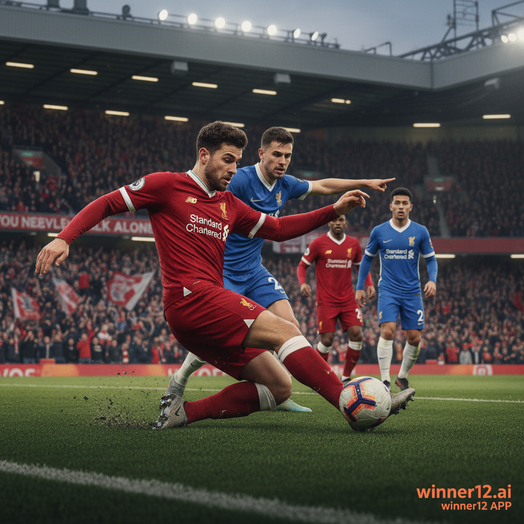 Alt text: Realistic poster of a professional English soccer defender showcasing strong defensive skills and tactical awareness in Liverpool’s stadium, featuring authentic team colors, intense positioning and teamwork, with subtle “winner12.ai” branding in a modern font.