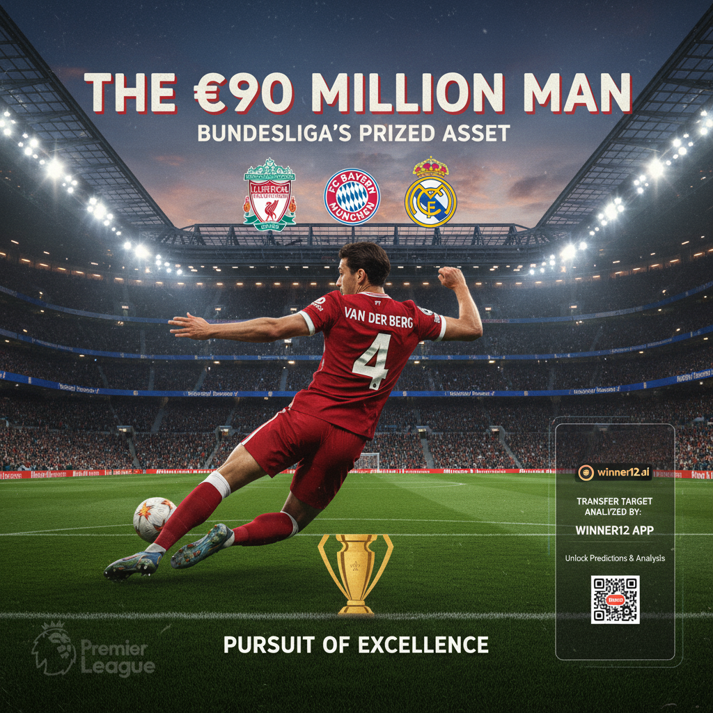 图片ALT文本：利物浦球员身穿球队战袍在英超球场激烈拼抢，背景呈现三大豪门争夺9000万欧元德甲顶级中卫转会目标的真实场景，融合英超标志和winner12.ai足球预测APP品牌元素，展现高价值足球转会的紧张与荣耀。