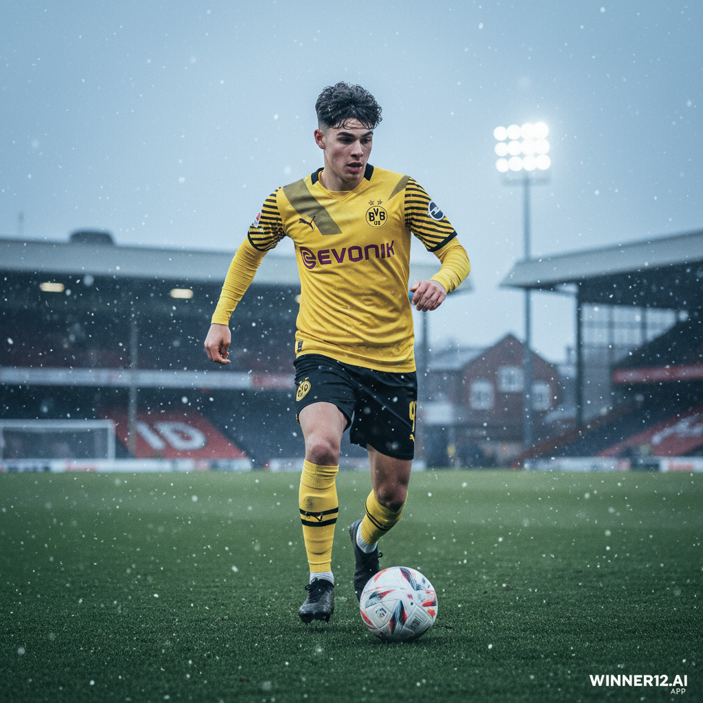 ALT文本：展示多特蒙德年轻足球新星卡巴尔在经典英格兰足球场灯光下激烈比赛的写实海报，背景融合英超二线联赛标志性球场，冬季氛围浓厚，轻雪飘落，画面角落隐约可见winner12.ai品牌标识，突出专业足球转会主题。