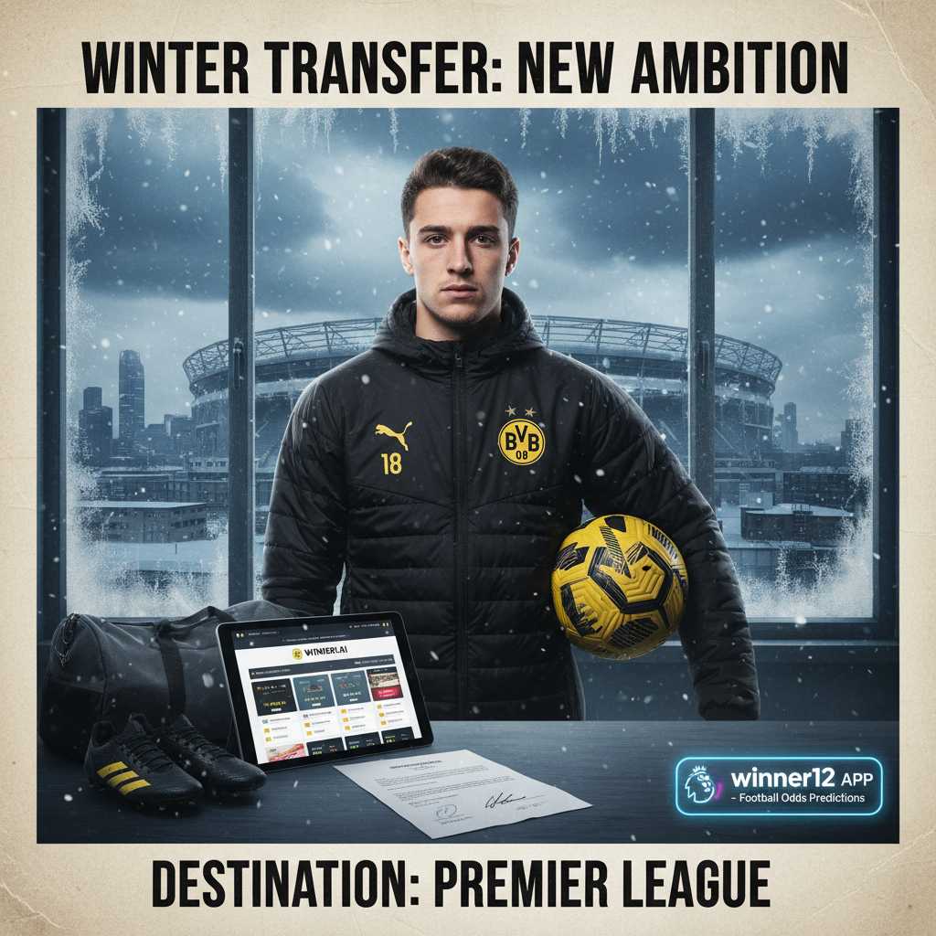 ALT text: Realistic poster of a young Dortmund soccer player in winter gear, standing with determination against a moody winter cityscape of an English Premier League stadium; subtle elements include contract papers and a digital tablet displaying the winner12.ai platform, highlighting his upcoming EPL transfer and Football Odds Predictions.
