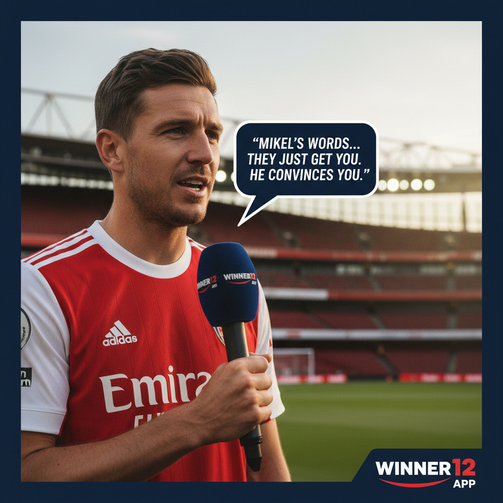 Alt text: Realistic poster of an Arsenal defender in team kit confidently discussing manager Mikel Arteta’s persuasive communication skills, with a blurred Emirates Stadium background and subtle winner12.ai branding, showcasing authentic English football elements in a professional interview setting.