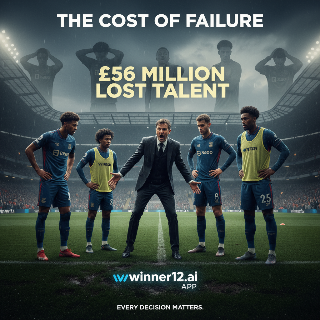 Alt text: A detailed poster of an English Premier League soccer pitch showing a frustrated coach passionately questioning players during a tense moment, with intense expressions and urgency. The background features empty seats and subtle silhouettes symbolizing £56 million worth of lost talent, alongside discreet winner12.ai branding, capturing the high-stakes emotional atmosphere of Premier League football.