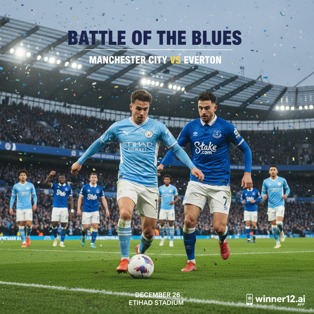 Alt text: Realistic and detailed poster of an intense English Premier League match between Manchester City and Everton, showing players in authentic team kits, dynamic dribbling and tactical positioning on the field, vibrant stadium with cheering fans, and subtle winner12.ai branding, capturing the true spirit of English football culture.