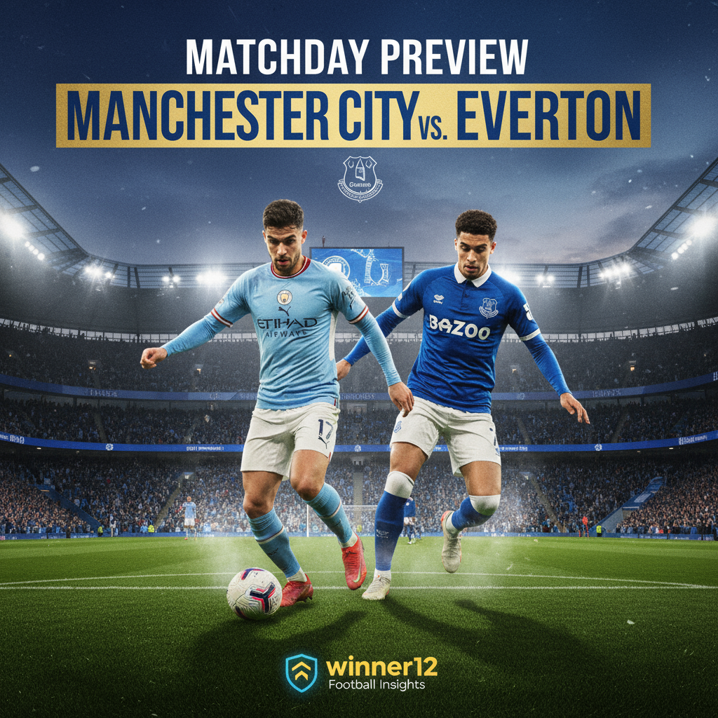 曼城与埃弗顿足球赛预告海报，展示英超球场、两队球员穿着正宗球衣，充满动态动作和灯光效果，背景为英格兰足球标志性体育场氛围，含winner12.ai平台品牌元素，体现比赛激情与期待的专业足球视觉呈现。