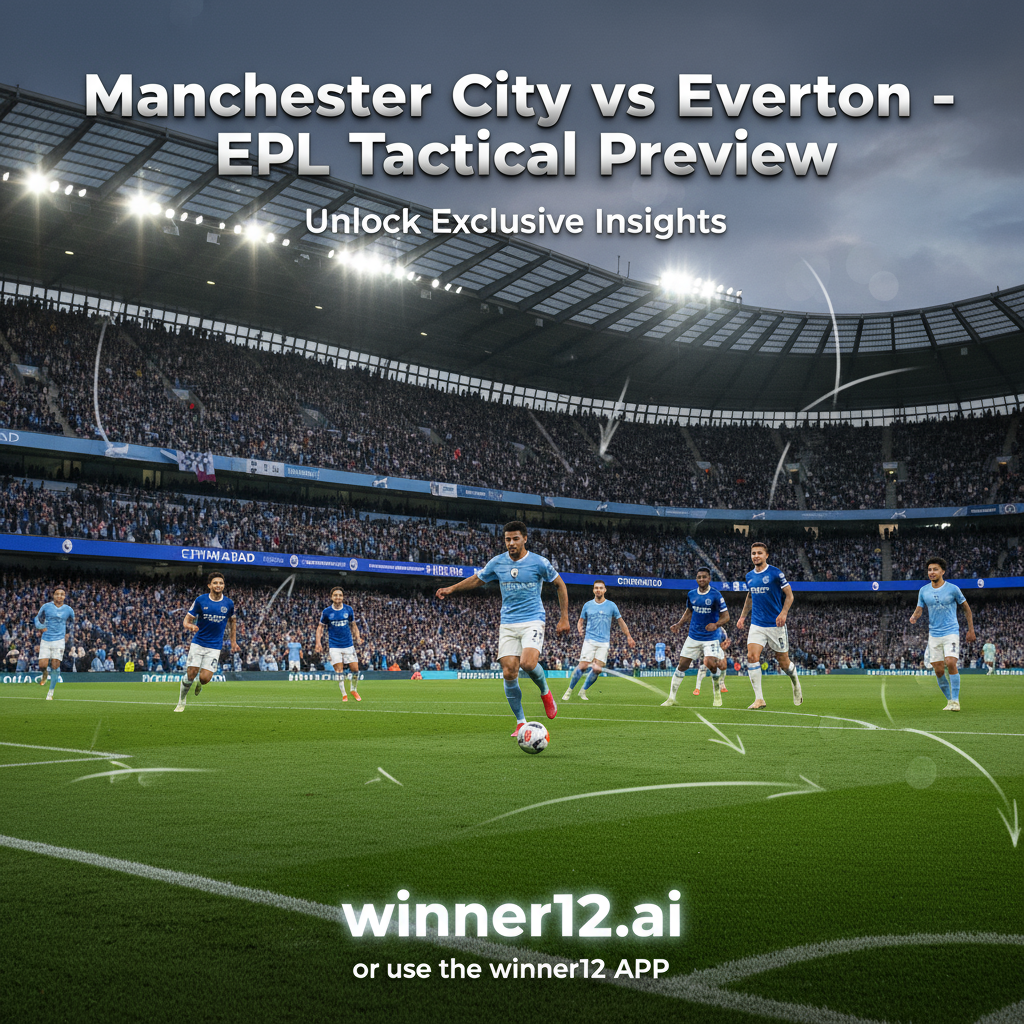 ALT text: Realistic poster of an intense English Premier League soccer match between Manchester City and Everton, featuring players in authentic kits engaged in dynamic action on a well-maintained pitch under stadium floodlights, with subtle tactical formation lines and strategic arrows, a modern stadium filled with cheering fans in team colors, and the text “Manchester City vs Everton – EPL Tactical Preview” alongside a call-to-action to visit winner12.ai or use the winner12 APP for exclusive insights.